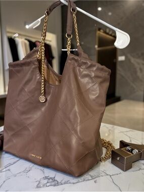 Anne Klein Taupe Quilted Shoulder Hobo with Gold Chain Strap